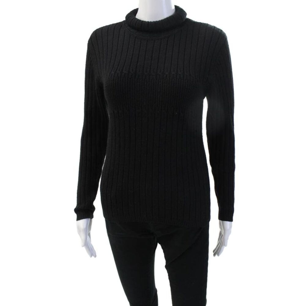 Meister Womens Pullover Sweater Black Mock Neck Striped Wool Acrylic Size S